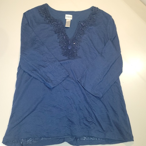 Chicos Split Neck Top Size 3 Dark Blue Embellished Front 3/4 Sleeves Tunic - Picture 1 of 2
